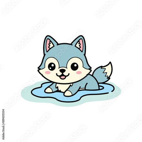Adorable Cartoon Wolf Lying Down in Water with Cheerful Expression