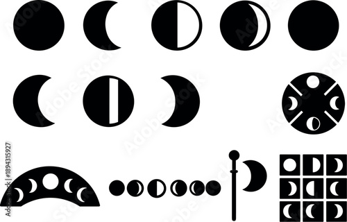 Solid vector icons of moon phases: new moon, waxing crescent, first quarter, waxing gibbous, full moon phase, waning gibbous,