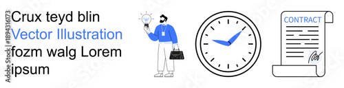 Time management, productivity, innovation, business planning, goal setting, legal agreements. a person with a light bulb, a clock and a signed contract. Time management and productivity