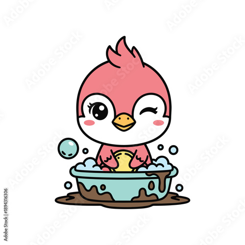 Cute cartoon baby chick taking bubble bath in blue tub with playful foam and rubber duck