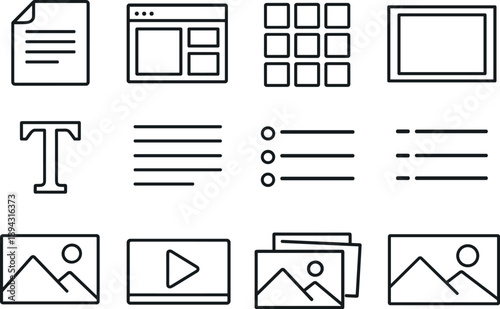 Line style vector icons of Content design icons: content, layout, grid, frame; text, heading, paragraph, list; image, media,