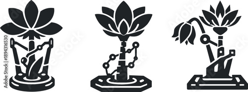 Solid vector icons of emotion-reactive symbiotic flowers: chromatic petal shift, bio-signal stem link, mood-responsive bloom;