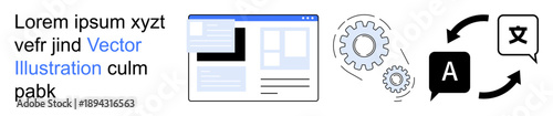 Language learning, global communication, translation software, online tools, multilingual support, workflow automation. Web page, gears and text exchange icons with arrows. Language learning