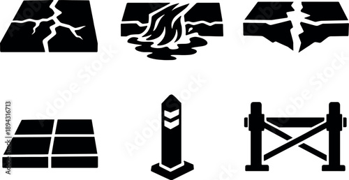 Solid vector icons of stream-pierced pavement scenes: fissured road surface, rushing water flow, widened fracture line; sidewalk