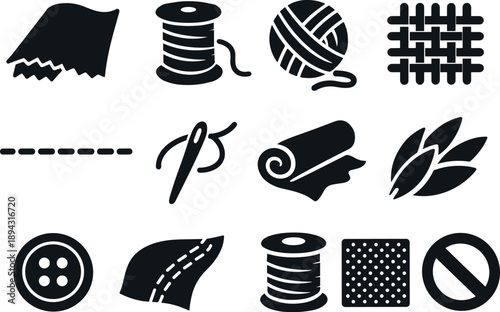 Textile Vector Icons. Solid vector icons of tactile fabric: fabric piece, thread, yarn, woven cloth, stitch line, needle, textile