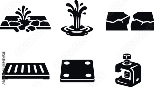 Cracked Road Icons. Solid vector icons of cracked-road spring outflows: broken asphalt crust, rising water vein, open fault gap;