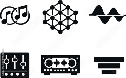 Solid vector icons of cross-cultural aesthetic harmonies: consonant interval pair, unified tone lattice, smooth waveform band;