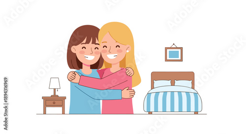 Two Female Friends or Sisters Sharing a Warm Hug in a Bedroom Setting with Bed and Nightstand Visible Portraying Support Comfort and Friendship Togetherness