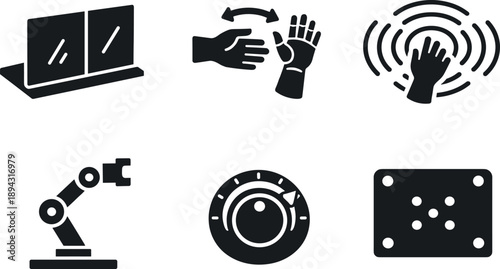 Solid vector icons of mirrored-limb therapy tools: reflective surface slab, controlled limb motion, phantom-signal easing field;