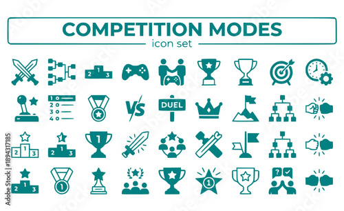 Competition Modes Competitive Gameplay Versus Tournament Ranked Matches Brackets Championship Events Gaming Multiplayer Vector Icon Set - Competitive Gaming