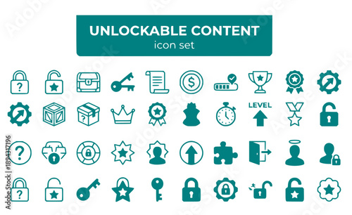 Unlockable Content Locked Rewards Hidden Secret Bonus Items Progression Achievement Exclusive Premium Unlock System Vector Icon Set - Content Unlocking
