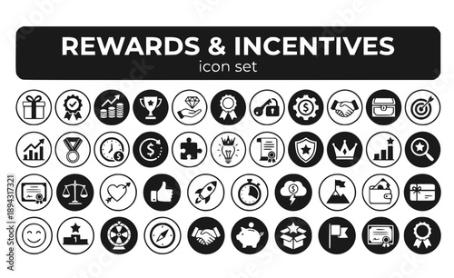 Rewards Incentives Bonuses Prizes Gifts Earned Collection System Unlock Motivation Gamification Benefits Vector Icon Set - Reward System
