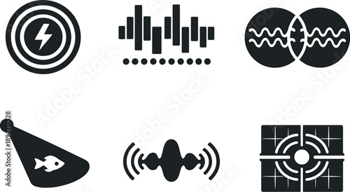 Solid style icons of electrosensory signal processing: electric amplitude rings, frequency-coded patterns, interference zones,