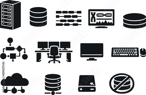 Solid vector icons of bioinformatics workspace: server rack, database icon, sequence alignment, genome browser, algorithm chart,