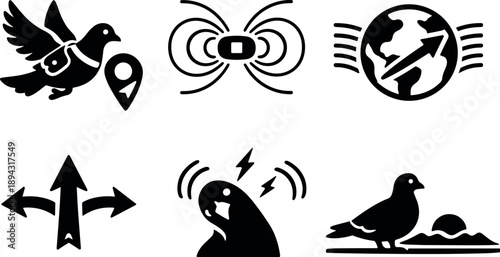 Pigeon Magnetoreception Icons. Solid style icons of pigeon magnetoreception: navigating pigeon, magnetic field lines, Earth’s