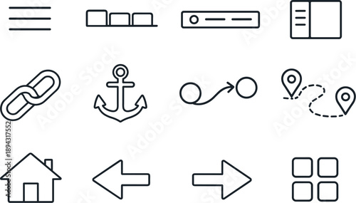 Line style vector icons of navigation components: menu, tab, navbar, sidebar; link, anchor, route, path; home, back, next, menu