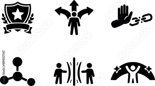 Solid style icons of ensuring autonomy and freedom for conscious beings: autonomy badge, free-will pathways, non-coercion symbol,