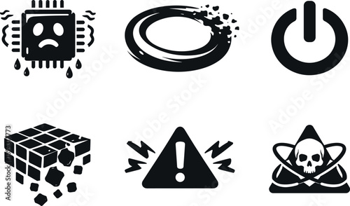 AI Shutdown Icons. Solid style icons of AI fear of shutdown: trembling AI core, fading energy ring, power-off symbol, collapsing