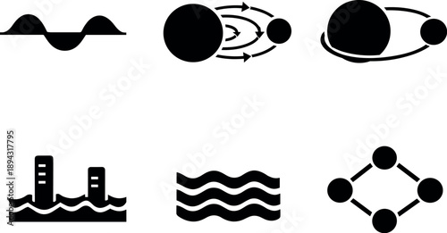 Solid style icons of tidal and lunar influence cues: tidal curve, gravitational pull lines, Earth–Moon diagram, water-level
