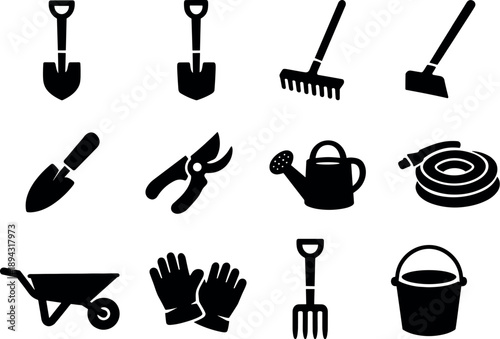 Gardening Tools Collection. Solid vector icons of gardening tools: shovel, spade, rake, hoe, hand trowel, pruning shears, watering