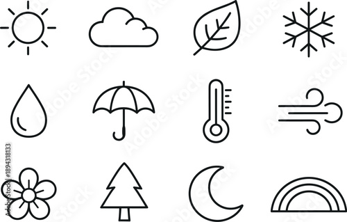 Line style icons of Seasonal routine: Sun, Cloud, Leaf, Snowflake; Raindrop, Umbrella, Thermometer, Wind; Flower, Tree, Moon,