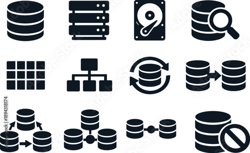 Solid vector icons of database server: database, server rack, storage disk, query, table, index, backup, replication, cluster,
