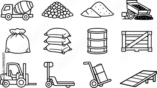 Construction Icons Grid. Line style icons of construction supply delivery: concrete, gravel, sand, asphalt; bag, sack, barrel,