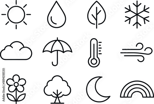 Line style vector icons of Year-round lifestyle: Sun, Raindrop, Leaf, Snowflake; Cloud, Umbrella, Thermometer, Wind; Flower, Tree