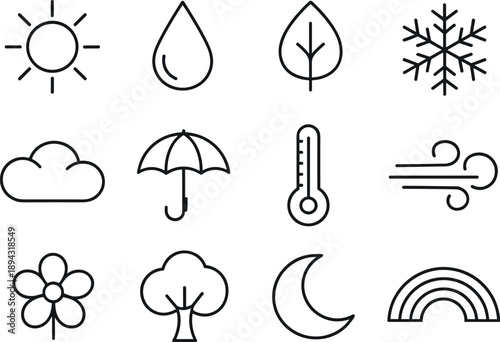 Line style vector icons of Year-round lifestyle: Sun, Raindrop, Leaf, Snowflake; Cloud, Umbrella, Thermometer, Wind; Flower, Tree