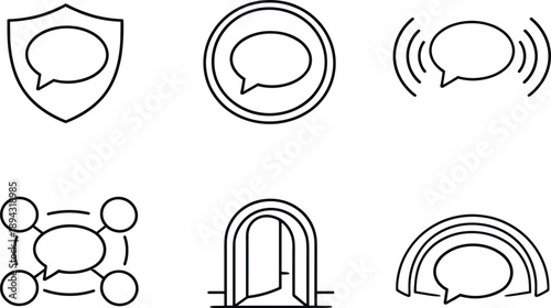 Line style icons of digital conversation encapsulator: private bubble outline, isolation ring, sound-damp field,