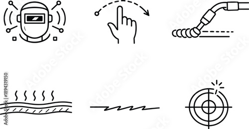 Line style icons of AR welding guidance: virtual-welder node, gesture-path arc, torch-motion bead, heat-zone