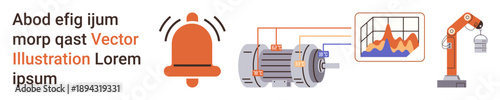 Industrial automation, robotics, data analytics, process efficiency, engineering, and motor control. Visual elements include a motor, robotic arm bell icon and analytics chart. Industrial