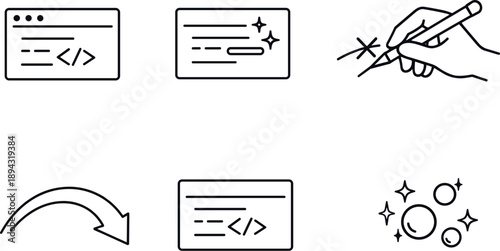 Line vector icons of a line of code written by AI and corrected by a developer (dual-authorship code): snippet