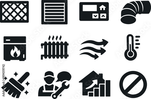 HVAC Maintenance Icons. Solid vector icons of HVAC maintenance: airfilter, vent, thermostat, duct, furnace, radiator, airflow,
