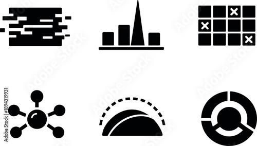 Solid style icons of simulation detection attempts: glitch symbol, anomaly spike bar, pattern mismatch grid,