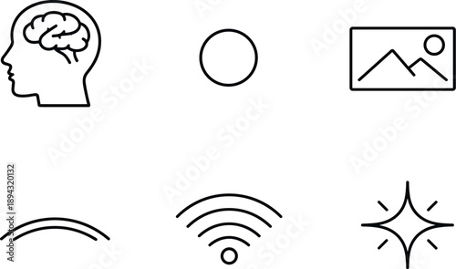 Line vector icons of an ad that appears right after you think about it (mental-queue ad): mind silhouette, cue