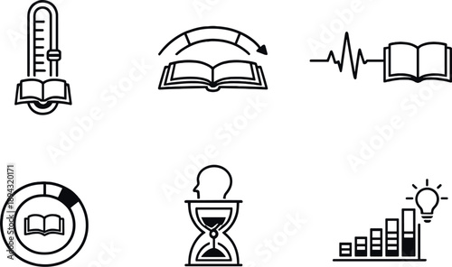 Book Insight Meters. Line style icons of depth-based book recommendation system: reading depth meter, page progression arc,