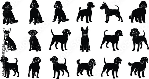 Black and white dog silhouette collection featuring diverse breeds, unique canine profiles, pet illustration elements for creative design projects