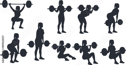 Black weightlifting silhouette collection showing barbell exercises, strength training movements, fitness illustration elements for gym, health, and sports projects