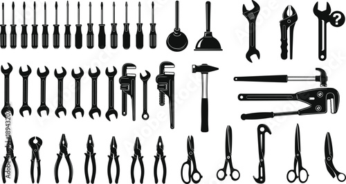 Black silhouette collection of hand tools including screwdrivers, wrenches, hammer, pliers, scissors, and workshop equipment for repair design projects