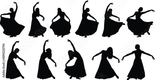 Black dancer silhouette collection showcasing graceful poses, expressive movement, elegant dance illustration elements for art, performance, and creative design projects