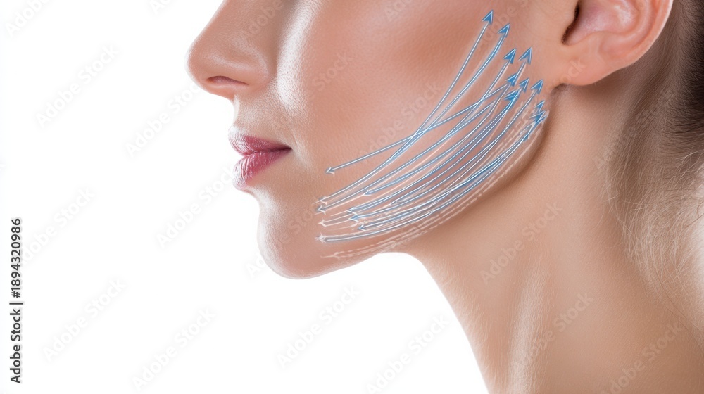 Naklejka premium Side Profile of a Face Showing Lifting Effect Arrows for Jawline Enhancement, Highlighting Modern Beauty Techniques in a Clinical Setting
