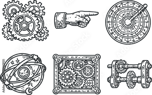 Line style vector icons of Hellenistic computing machine: cogged-gear assembly, pointer-hand icon,