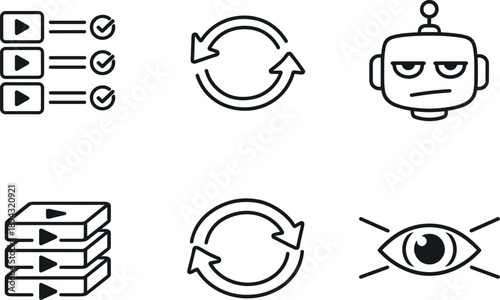 Line style vector icons of recommendation algorithm stagnation: repeating-suggestion list, looping-arrow motif,