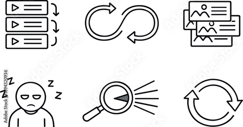 Line style vector icons of recommendation engine bias: repeated-feed list, looping-path arrow, identical-content