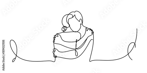A beautiful minimalist continuous line drawing capturing a loving embrace between a couple
