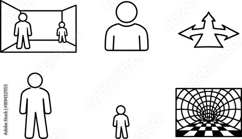 Size Perception Illusion. Line style vector icons of size perception trick: distorted-room motif, person-outline icon, perspective
