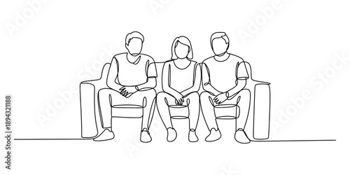 A minimal continuous line drawing of three people sitting on a sofa together