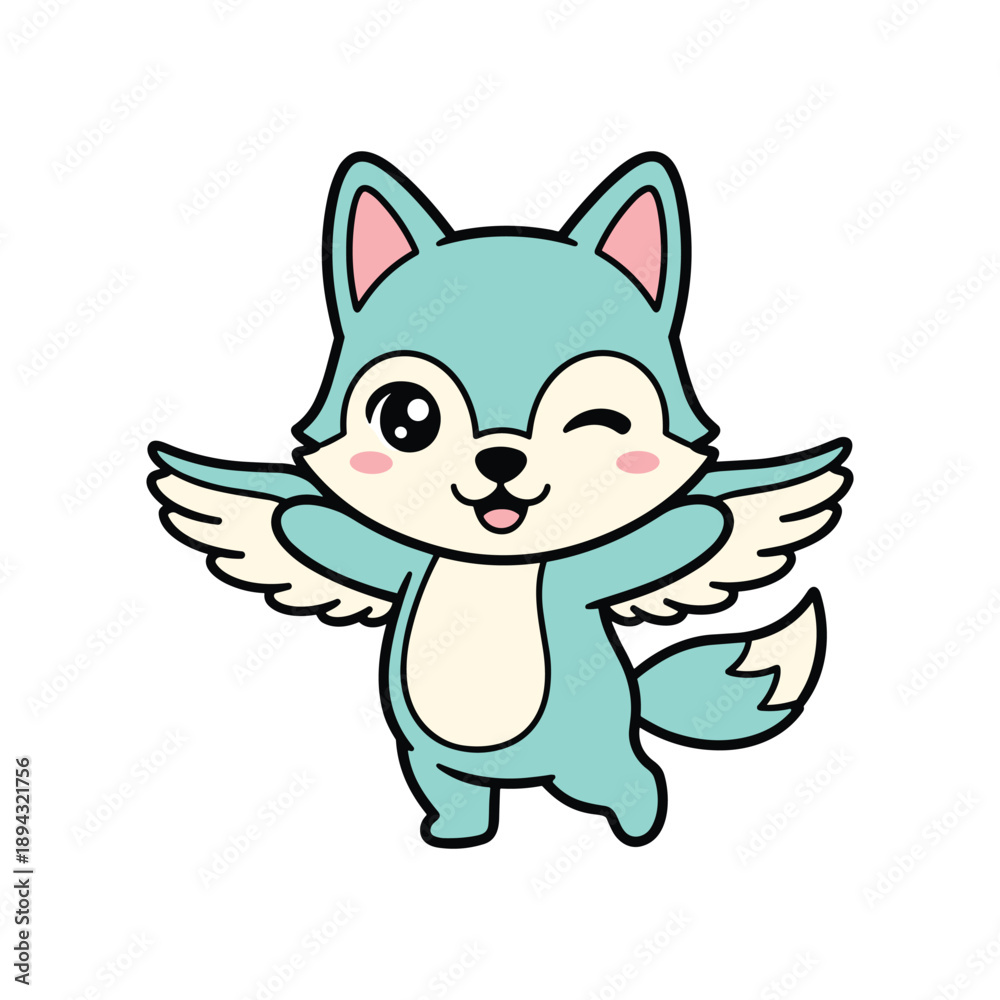 Obraz premium Adorable Cartoon Fox with Wings, Happy Expression, White Background, Teal Fur