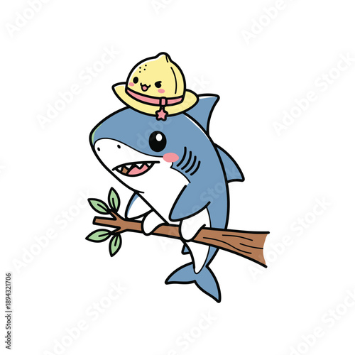 Cartoon shark firefighter holding broom with straw hat and helmet illustration